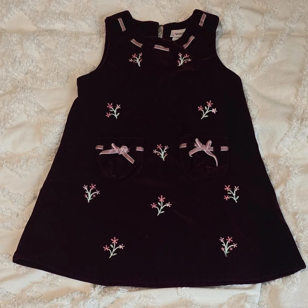 Youngland Burgandy Velvet-feel Toddler Dress W/ Pink Embroidery, Size 4 (1205)